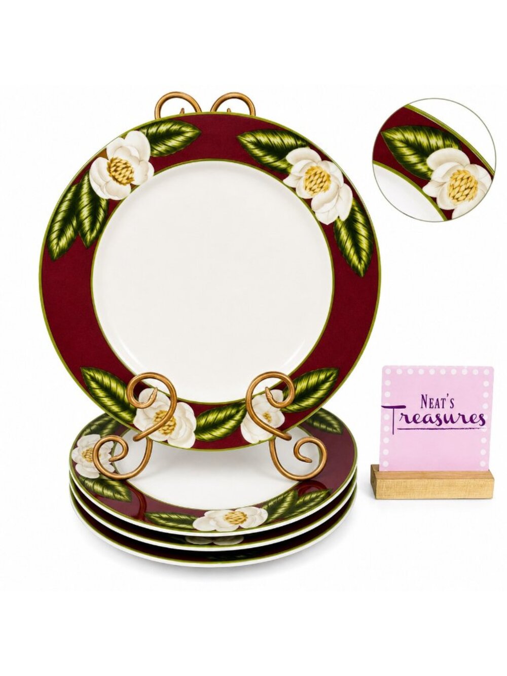 American Atelier MAGNOLIA BLOSSOM 5049 White Floral Porcelain Dinner Plate Set 4